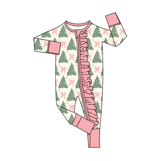 Moq 5 Preorder Baby Girls Kids Tree Bows Pink Ruffle Zipper Sleeper Footie Romper Christmas Clothes