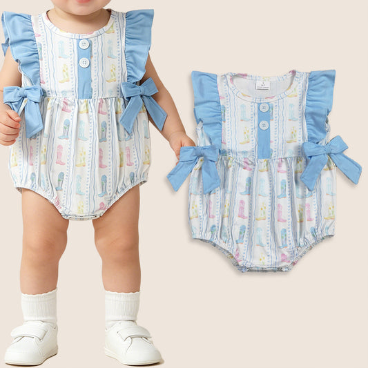 Baby Girls Infant Western Boots Bows Ruffle Bubble Romper