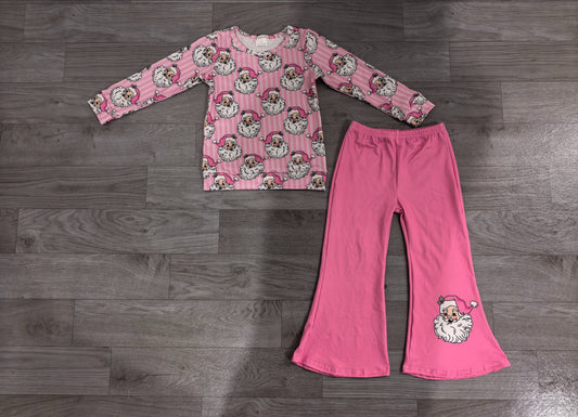 No moq Preorder Baby Girls Kids Long Sleeves Christmas Santa Stripes Shirt Pink Pants Set Clothes