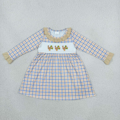 Baby Girls Kids Embroidery turkey Thanksgiving Plaid Knee Length Dress Clothes RTS