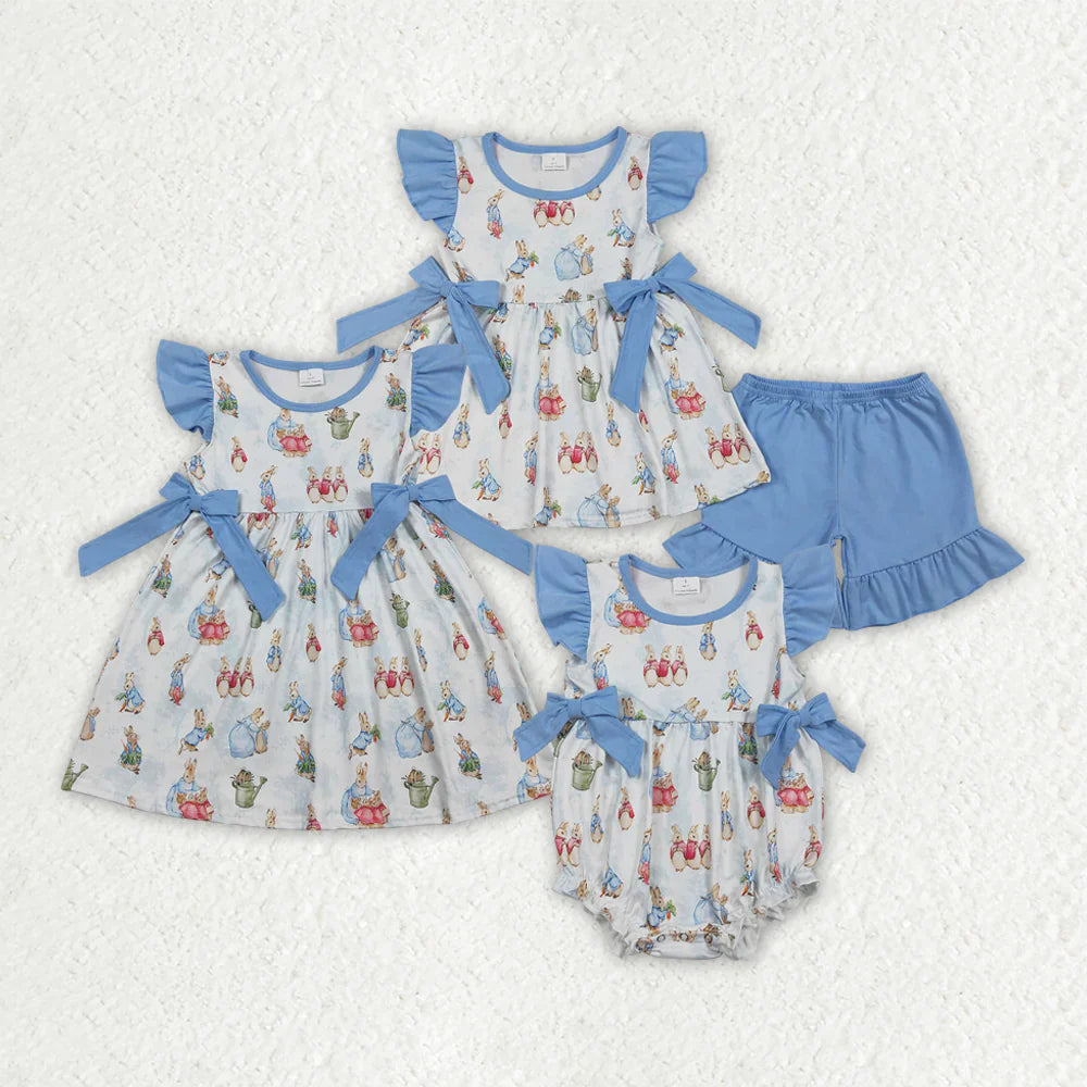RTS Sibling Baby Girls Kids Short Sleeves Rabbits Blue Bows Easter Romper Dress Set