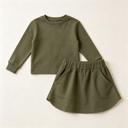 Moq 5 Preorder Baby Girls Kids Long Sleeves Olive Shirt Pockets Skirt Shorts Cotton Set Clothes