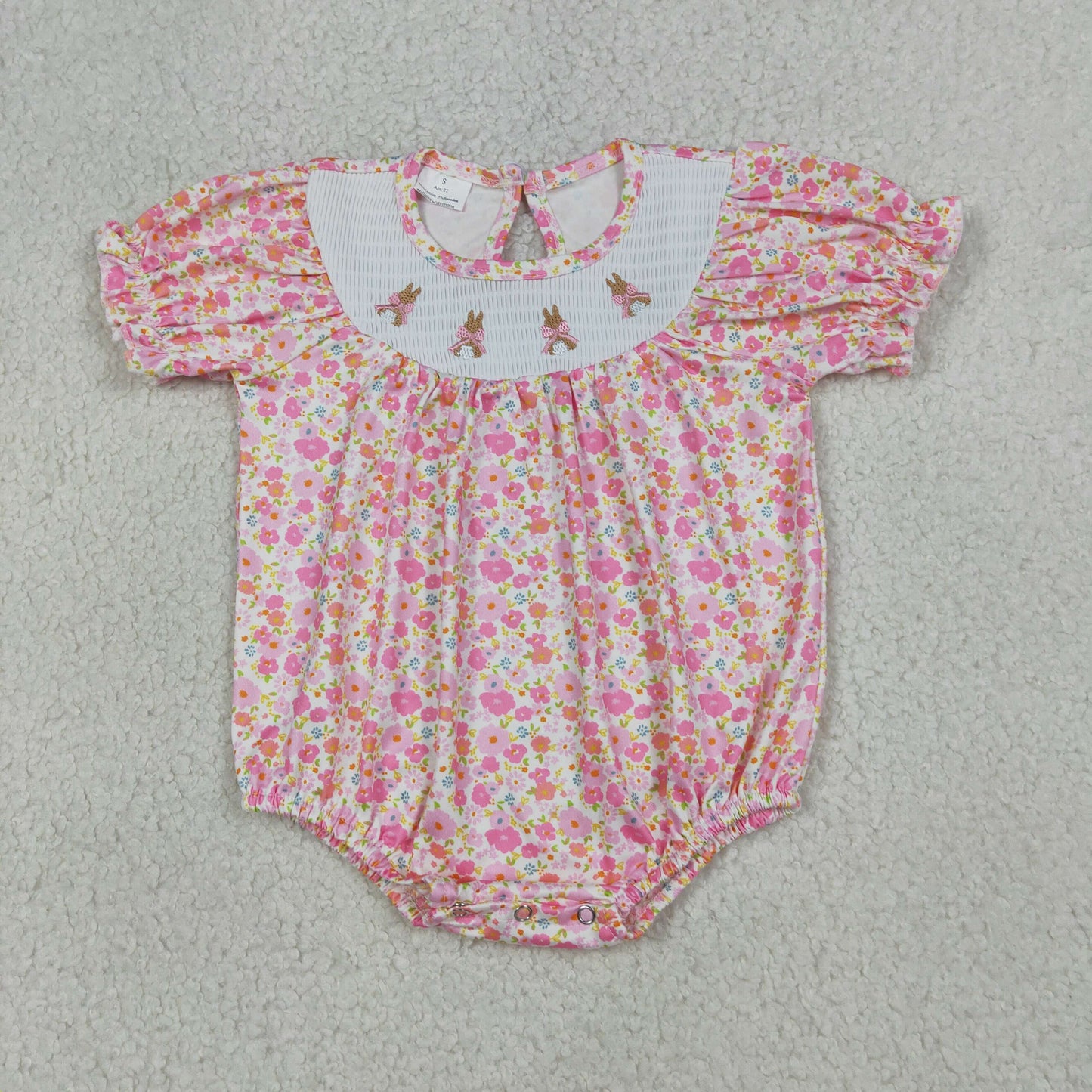RTS Baby Girls Kids Embroidery Smocked Rabbits Bows Floral Easter Pink Bubble Romper