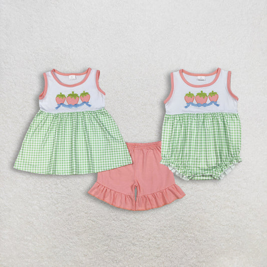 RTS Sibling Baby Girls Sleeveless Embroidery Strawberry Bows Green Plaid Bubble Romper Set