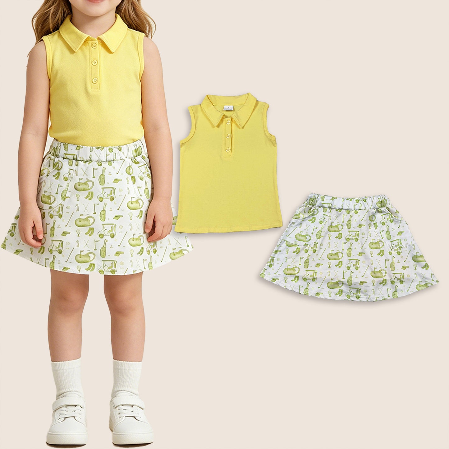Baby Girls Kids Sleeveless Yellow Buttons Shirt Golf Skirt Summer Clothes Set RTS