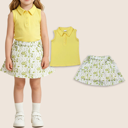 Baby Girls Kids Sleeveless Yellow Buttons Shirt Golf Skirt Summer Clothes Set RTS