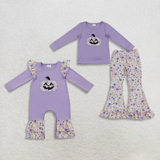 Sibling Baby Girls Kids Embroidery Pumpkins Flower Romper Set Halloween Purple Clothes