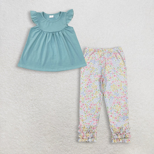 RTS Baby Girl Kids Short Sleeves Cotton Green Tops Floral Ruffle Pants Set Clothes