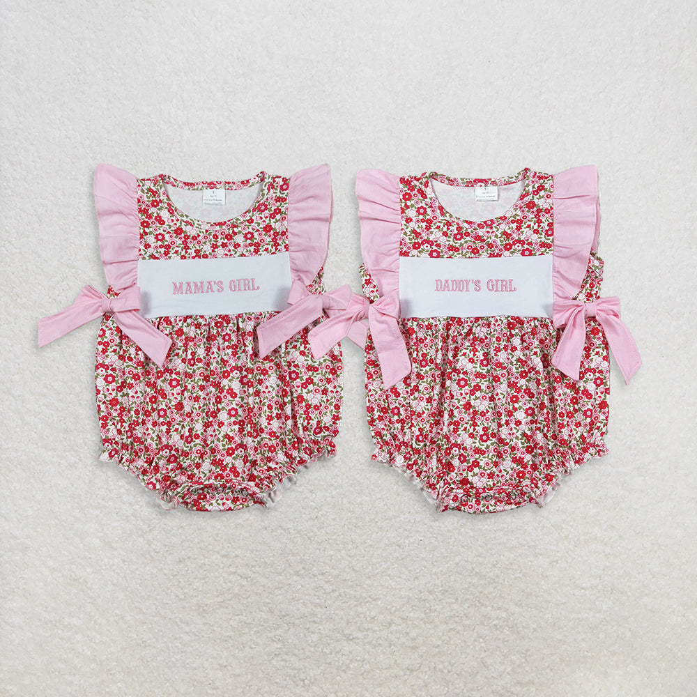 Sibling Baby Girls Infant Embroidery Mama's Daddy's Floral Pink Bows Bubble Rompers
