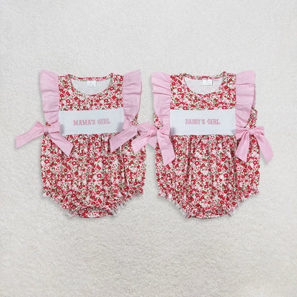 Sibling Baby Girls Infant Embroidery Mama's Daddy's Floral Pink Bows Bubble Rompers