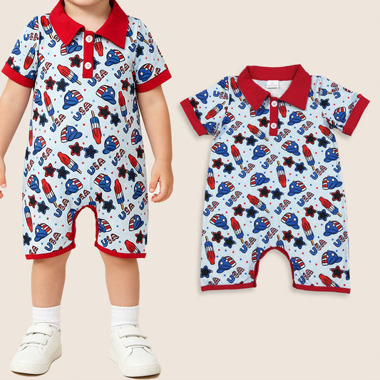 Baby Boys Short Sleeves Popsicle Stars USA 4th of July Buttons Romper