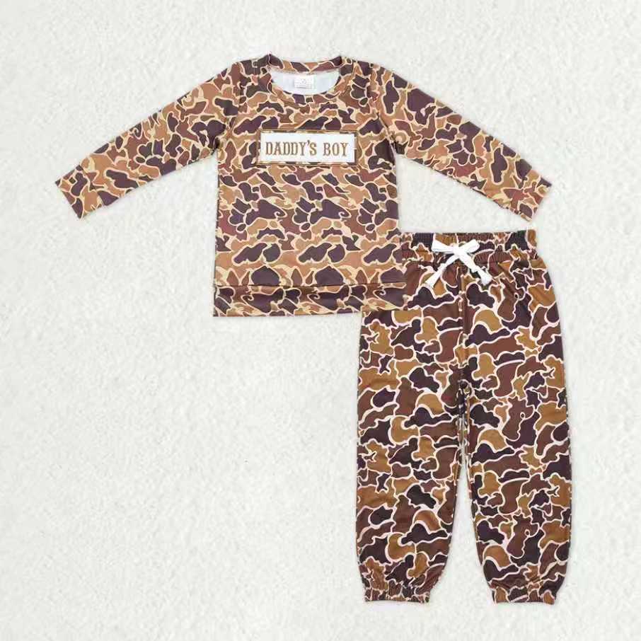 Baby Boys Long Sleeves Embroidery Daddy's Boy Shirt Pockets Brown Camo Jogger Pants Clothes Set