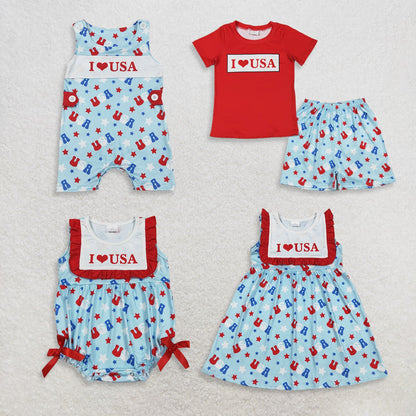 Sibling Baby Boy Girls Kids I Love USA 4th of July Dress Rompers Set Clothes