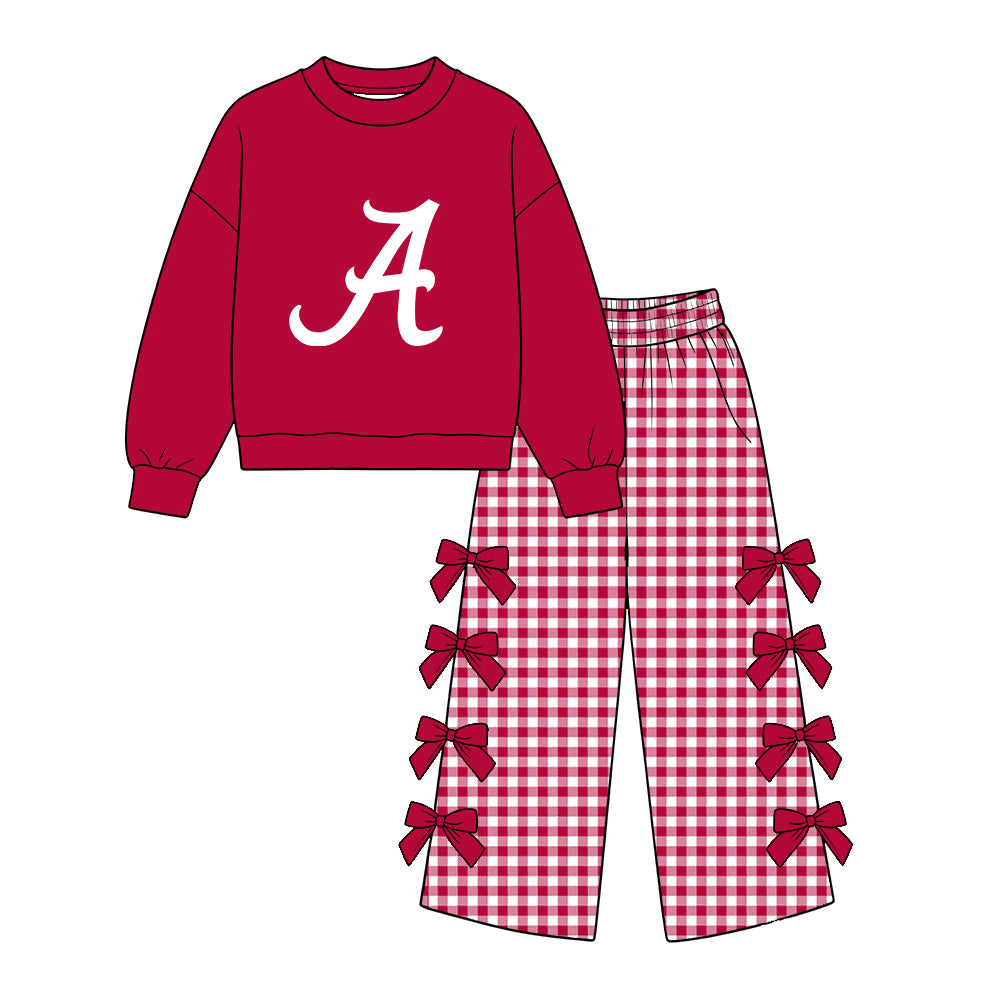 Moq 5 Custom Baby Girls Kids Long Sleeves Shirt Red Plaid Bows Pants Team Set Clothes