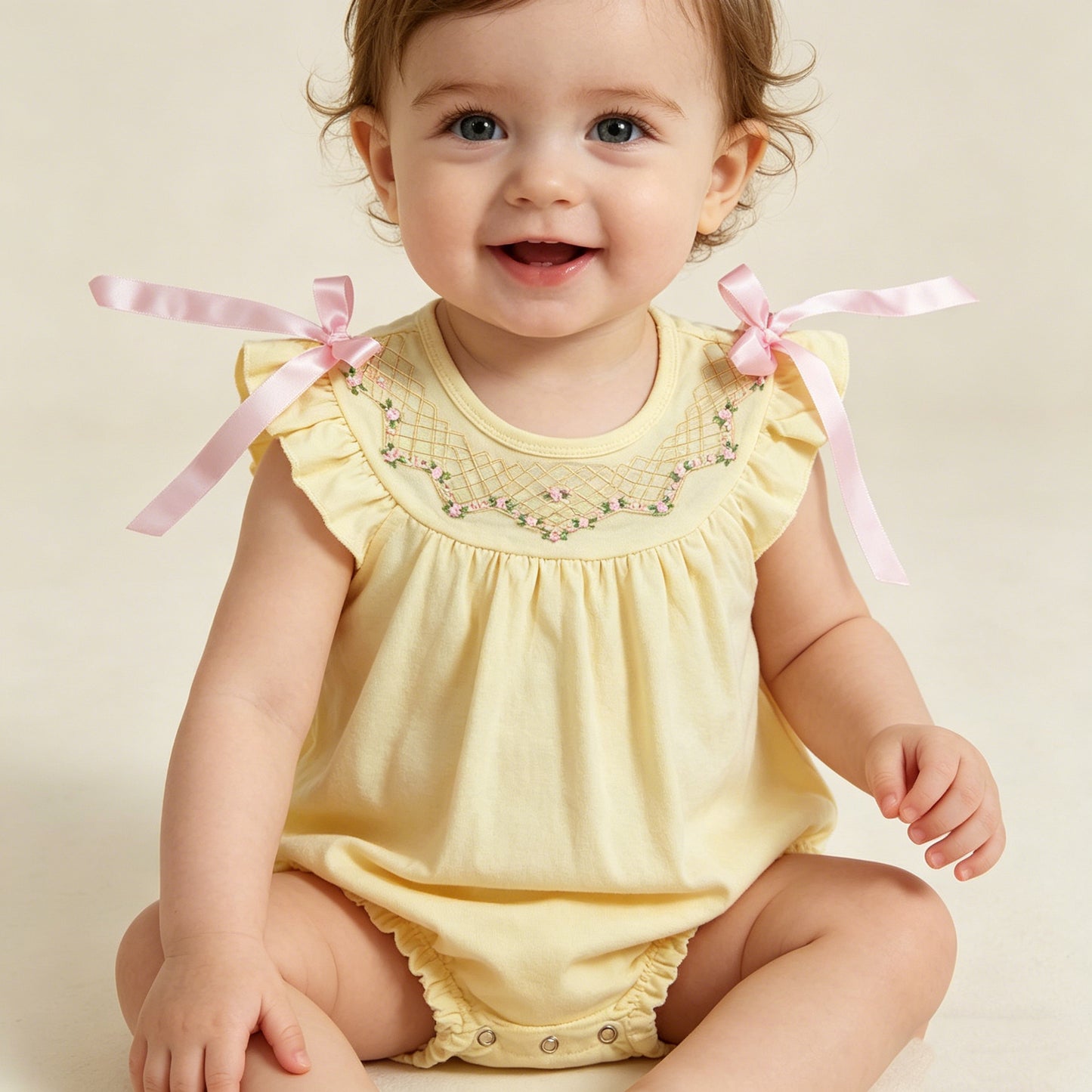 Baby Girls Infant Short Sleeves Embroidery Floral Bows Summer Bubble Yellow Romper