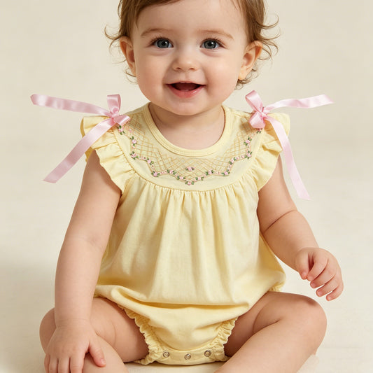 Baby Girls Infant Short Sleeves Embroidery Floral Bows Summer Bubble Yellow Romper