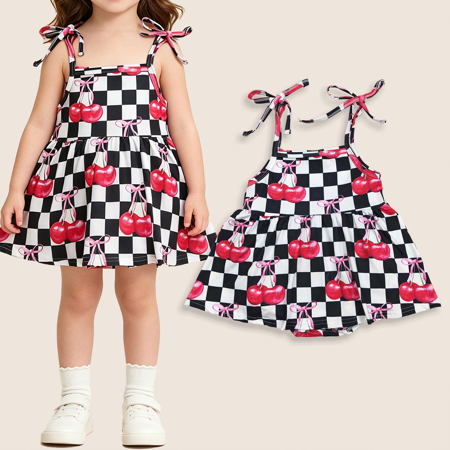 Baby Girls Kids Bows Sleeveless Cherry Black Checked Summer Bubble Romper