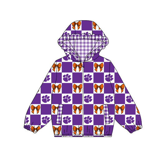 Moq 5 Custom Baby Girl Kids Pockets Zipper Hoodie Bows Team Jacket Coat Tops