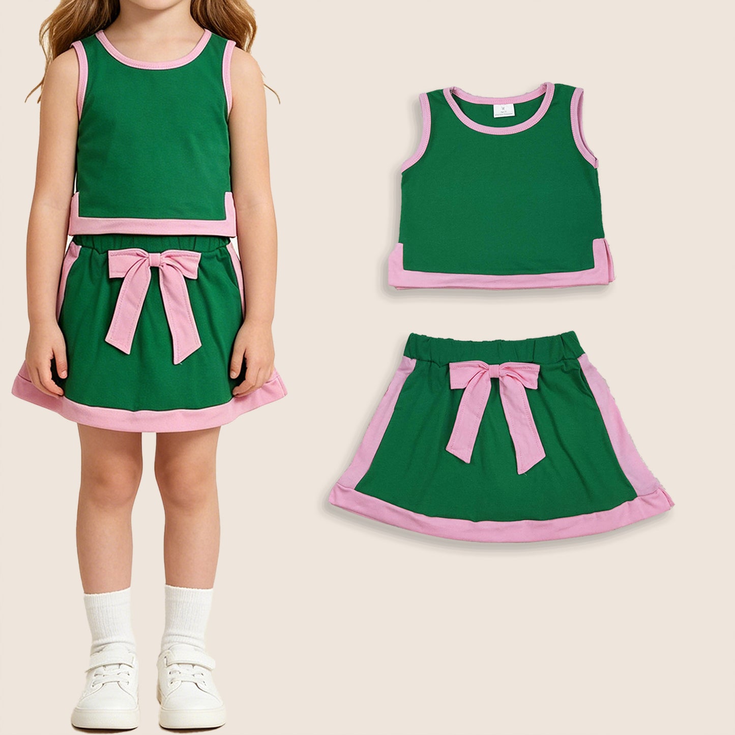 Baby Girls Kids Sleeveless Green Tops Pockets Skirt Shorts Cotton Set