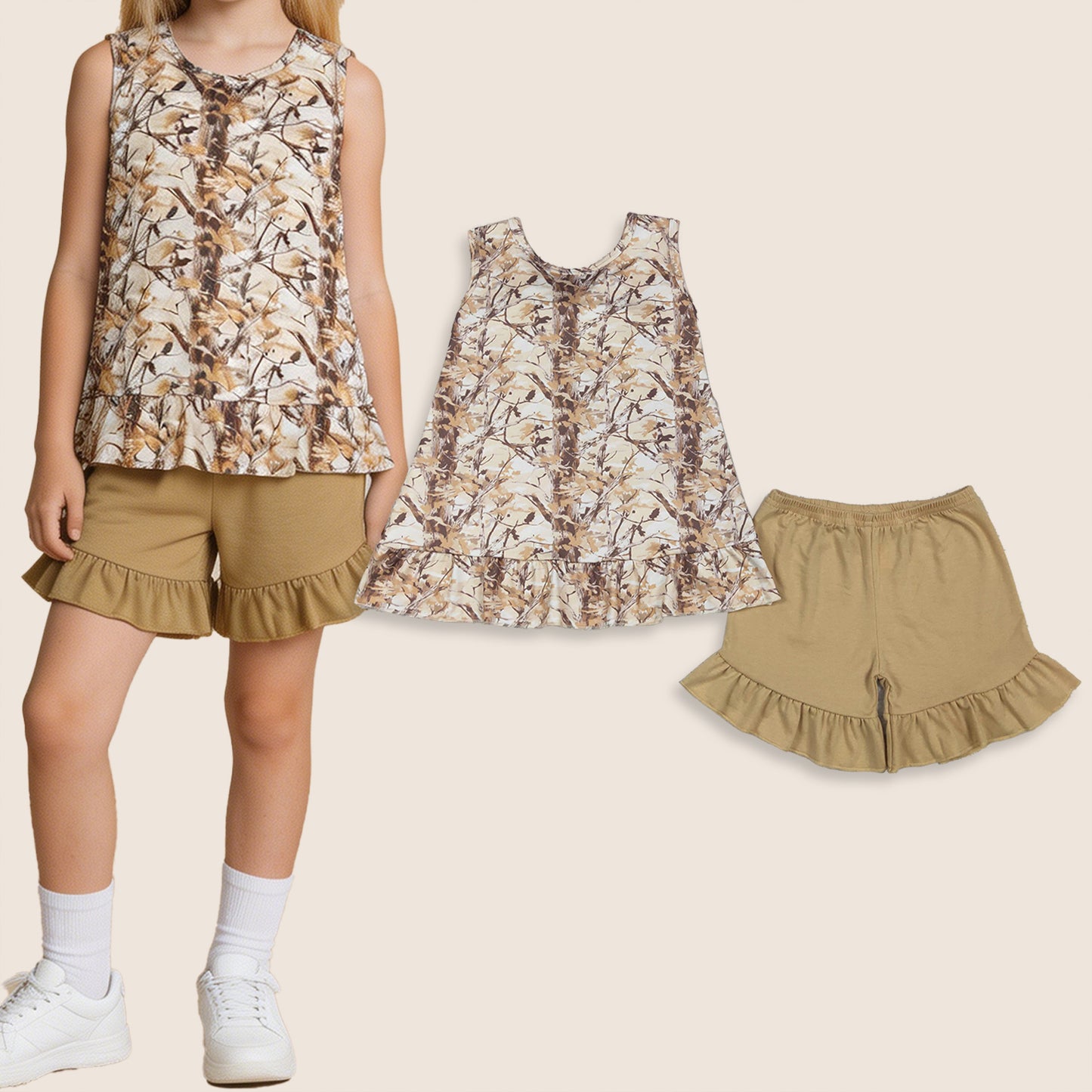 Baby Girls Kids Sleeveless Leaves Back Bow Tops Shorts Set Camo Clothes