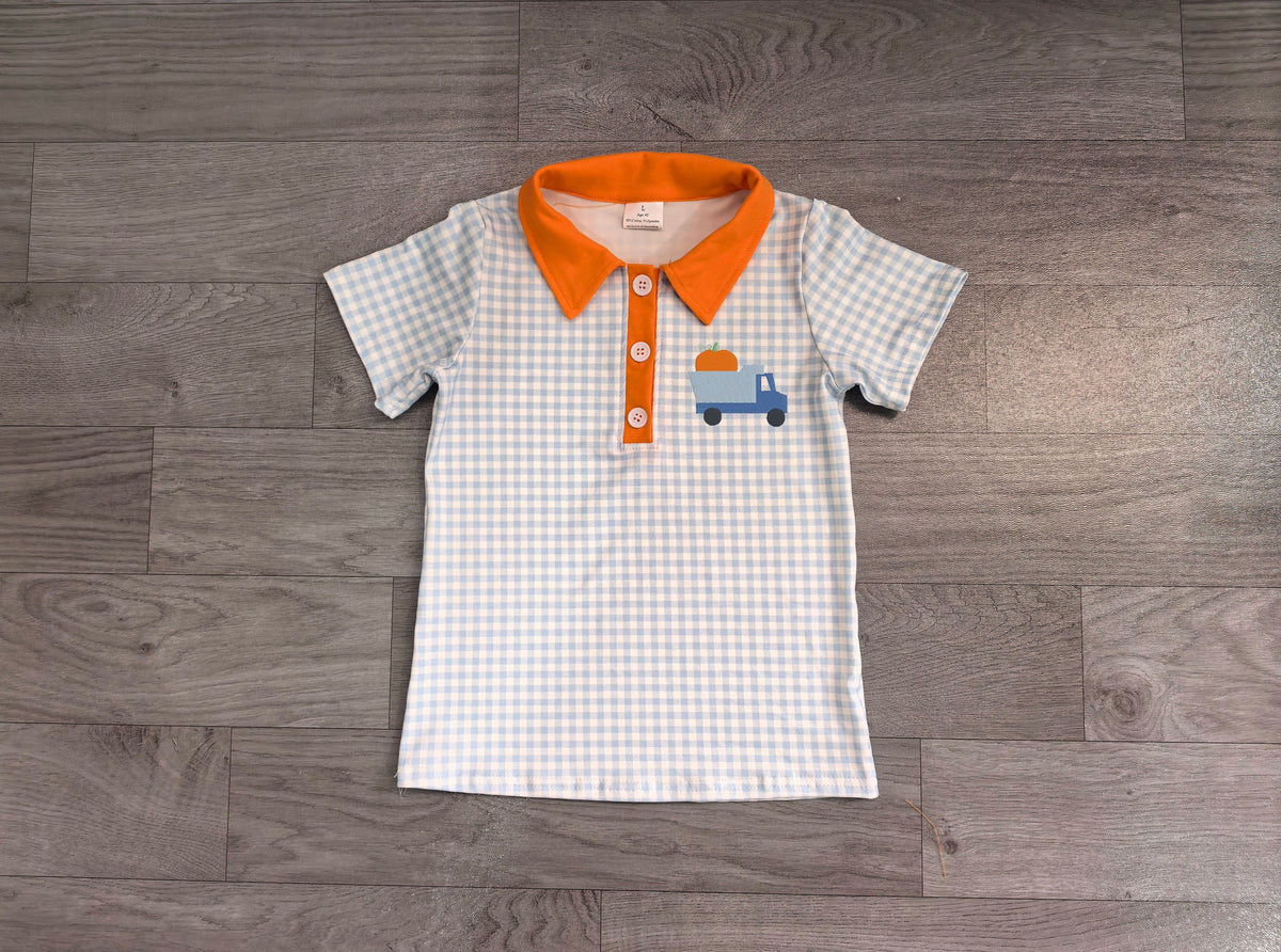 No moq Preorder Baby Boys Kids Embroidery Pumpkin Truck Blue Plaid Buttons Shirt Kids Thanksgiving Clothes