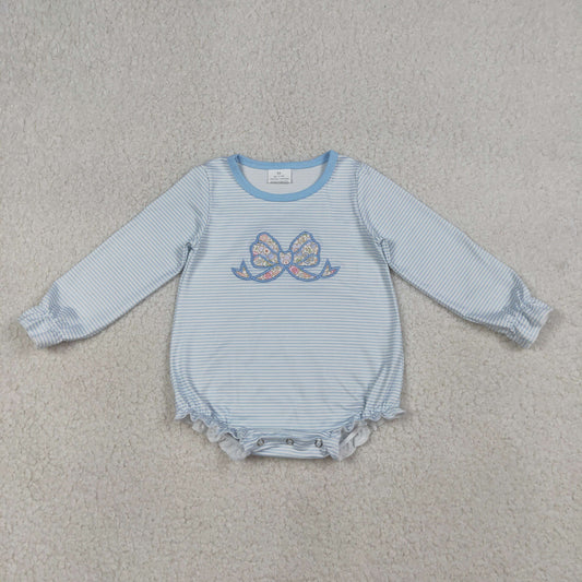 Baby Girls Blue Long Sleeves Embroidery Floral Bow Stripes Bubble Romper RTS