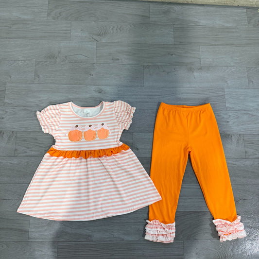 No moq Preorder Baby Girl Kids Embroidery Pumpkins Bows Stripes Tunic Ruffle Pants Fall Set Clothes