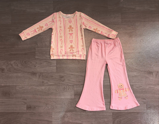 No moq Preorder Baby Girls Kids Long Sleeves Gingerbread Bows Christmas Shirt Pink Pants Set Clothes