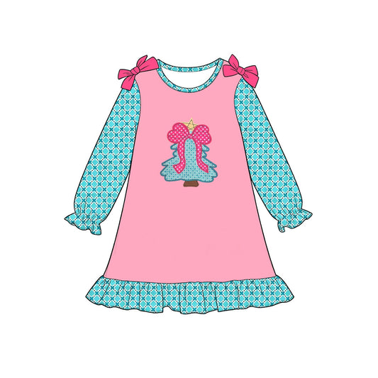 Moq 5 Preorder Baby Girls Kids Christmas Bows Tree Knee Length Ruffle Dress Clothes