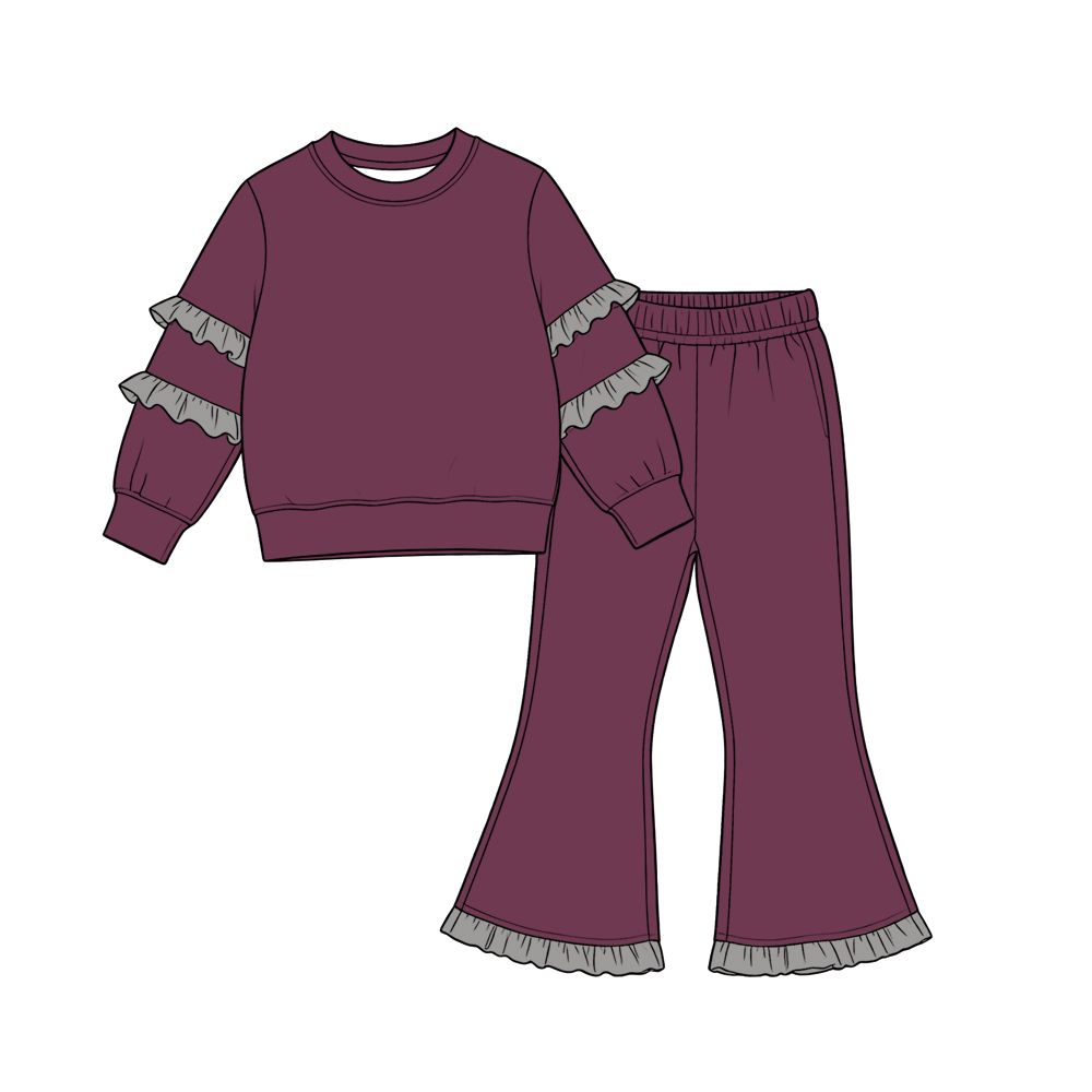 Moq 5 Preorder Baby Girls Kids Grey Ruffle Long Sleeves Shirt Bell Pants Set Cotton Clothes