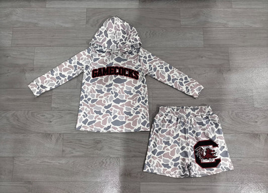 No moq Preorder Baby Boy Kids Long Sleeves Grey Camo Hoodie Shirt Chicken Shorts Team Set