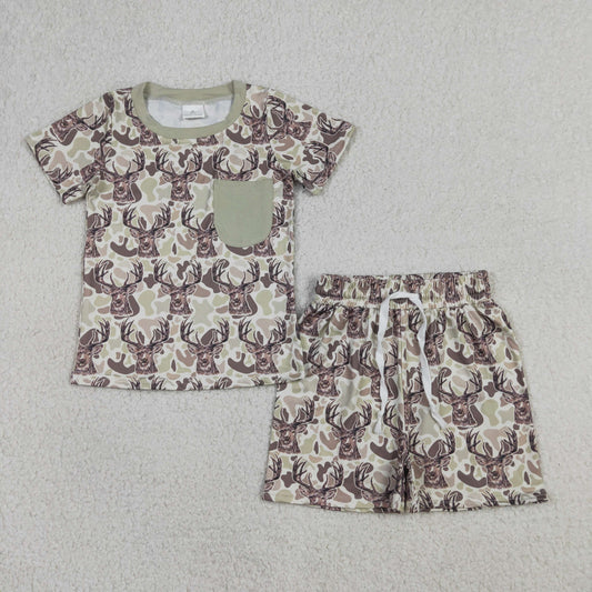 Baby Boys Kids Short Sleeves Pocket Deer Shirt Camo Shorts Hunting Set Clothes