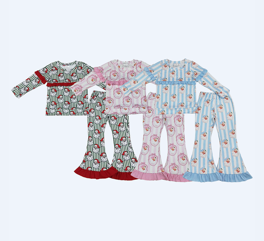Sibling Baby Girl Kids Christmas Santa Stripes Ruffle Tops Bell Pants Sets Clothes
