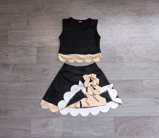 No moq Preorder Baby Girls Kids Scallop Black Shirt Bows Skirt Shorts Set Yoga Active Clothes
