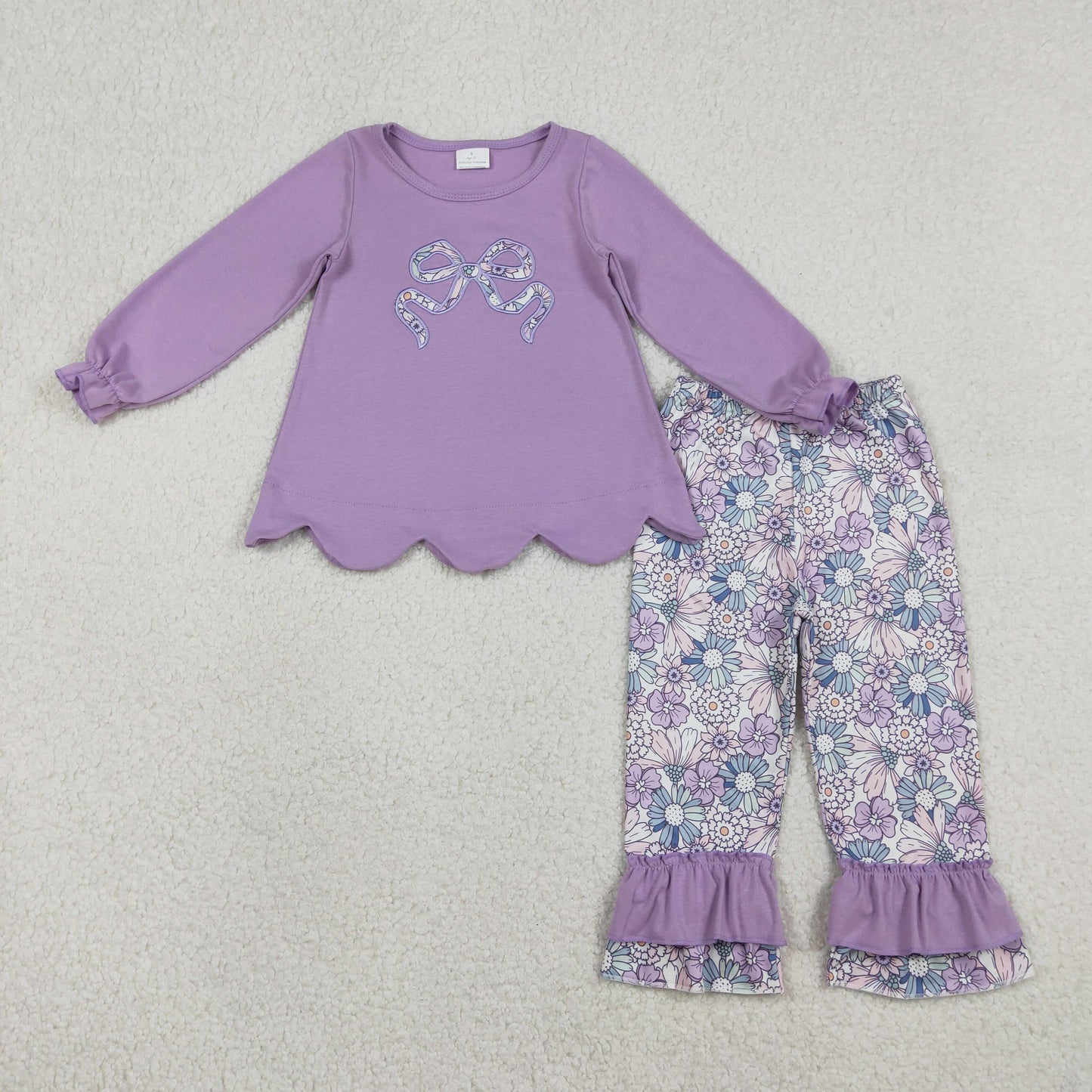 RTS Baby Girls Kids Purple Long Sleeves Embroidery Bows Tunic Flower Pants Clothes Set