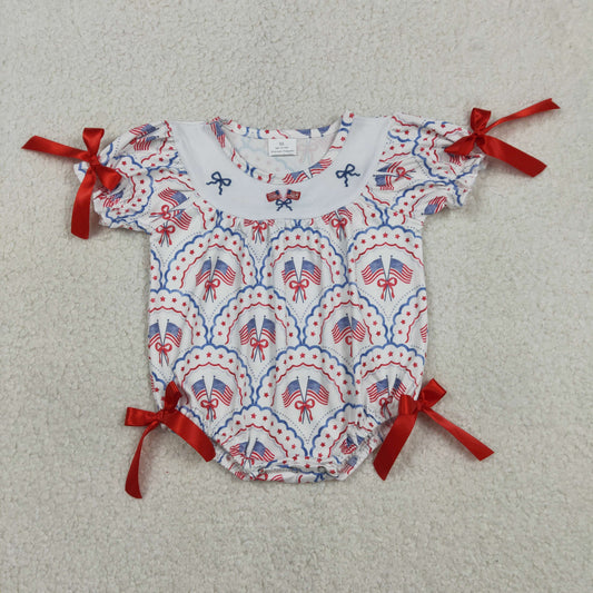 RTS Sibling Baby Girls Kids Short Sleeves Embroidery Flags Bows Stars 4th of July Romper Dress