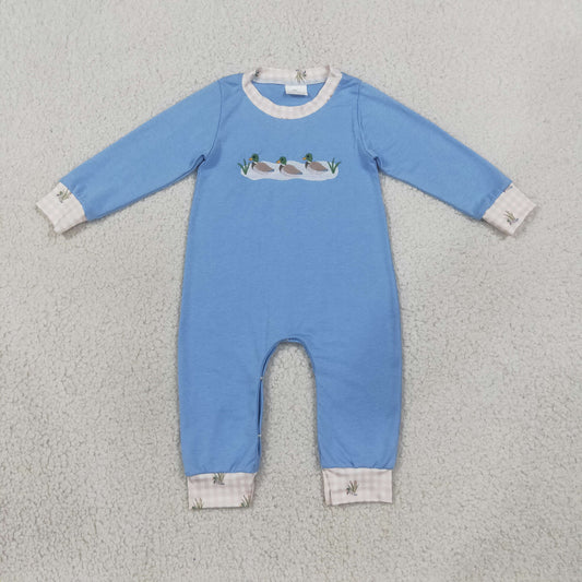 Baby Boys Infant Long Sleeves Embroidery Ducks Blue Romper Clothes