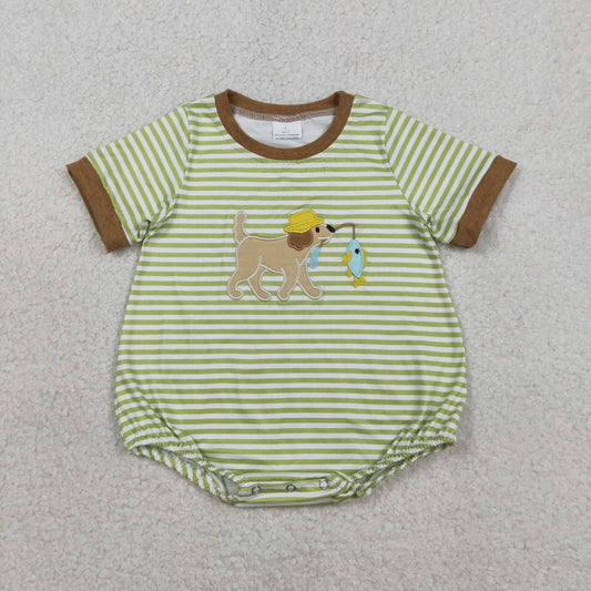RTS Baby Boys Short Sleeves Embroidery Dog Fishing Shirt Pockets Brown Shorts Clothes Set