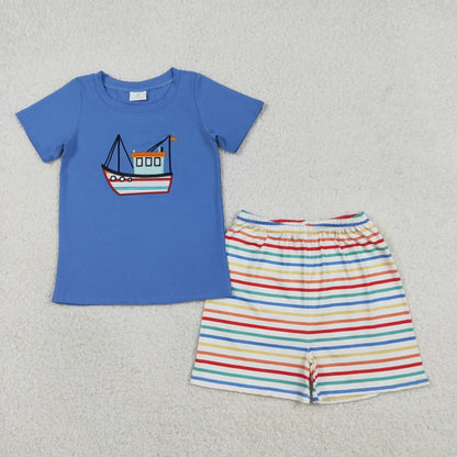 RTS Sibling Baby Boys Kids Embroidery Boats Colorful Stripes Bubble Romper Set