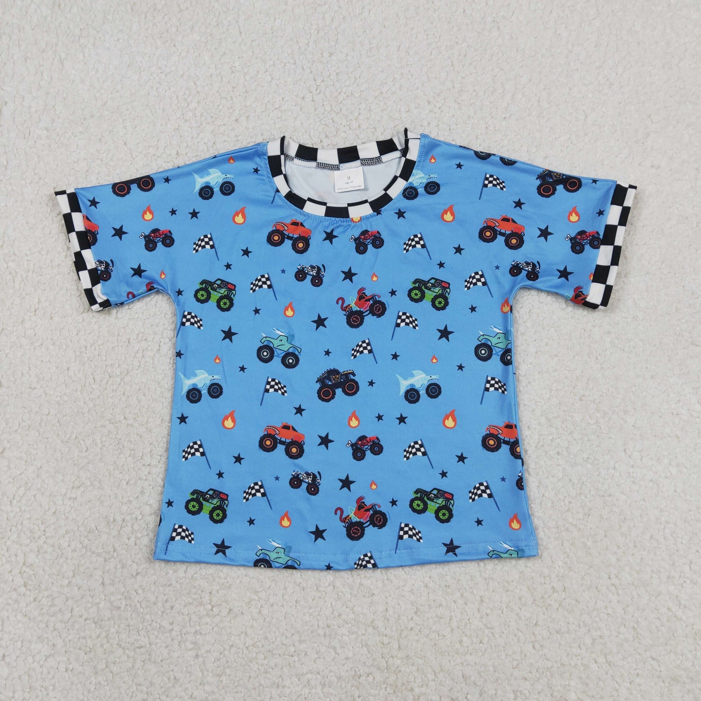 Baby Boys Blue Short Sleeves Trucks Flags Shirt Tops