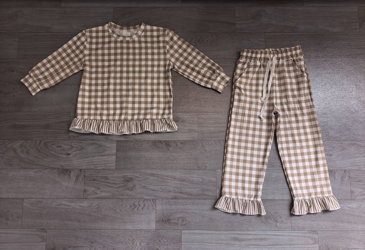 No moq Preorder Baby Girls Kids Long Sleeves Green Plaid Shirt Ruffle Pants Set Clothes