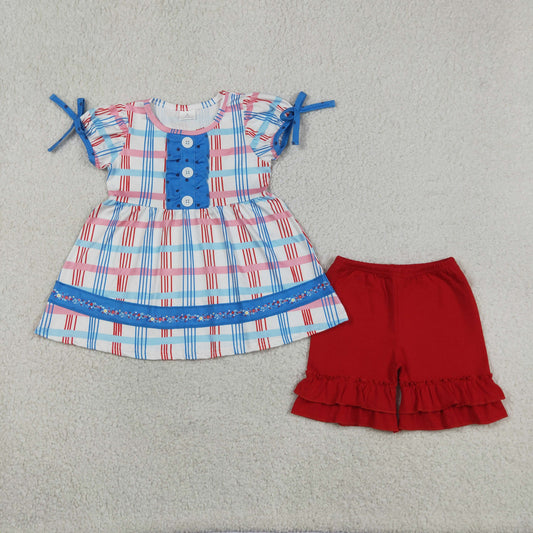 GSSO2815 Baby Girls Short Sleeves Plaid Ruffle Tunic Red Shorts July 4th Clothes Set