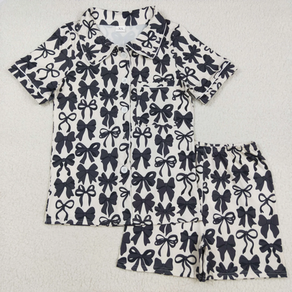 Sibling Baby Girls Adult Women Black Bows Buttons Shirt Shorts Mommy and Me Pajamas Sets