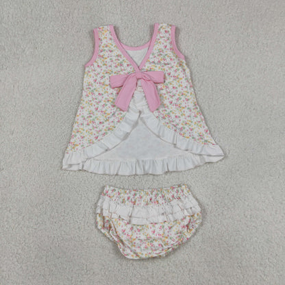 Baby Girls Kids Back Bow Floral Tops Ruffle Bummie Set Summer Clothes
