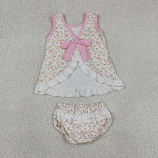 Baby Girls Kids Back Bow Floral Tops Ruffle Bummie Set Summer Clothes