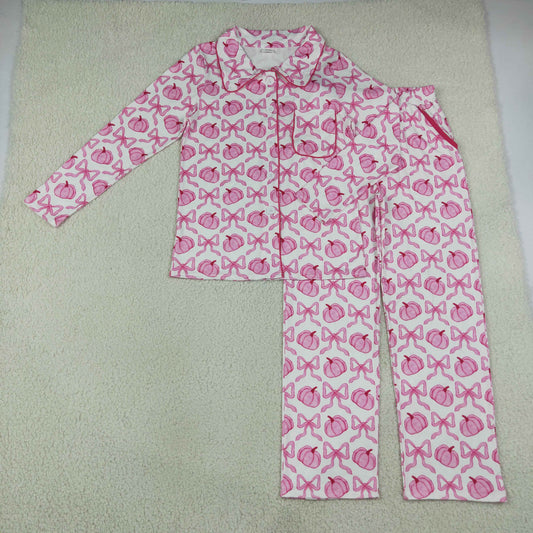Adult Women Pumpkins Pink Bows Buttons Shirt Pockets Pants Pajamas Set Fall Clothes