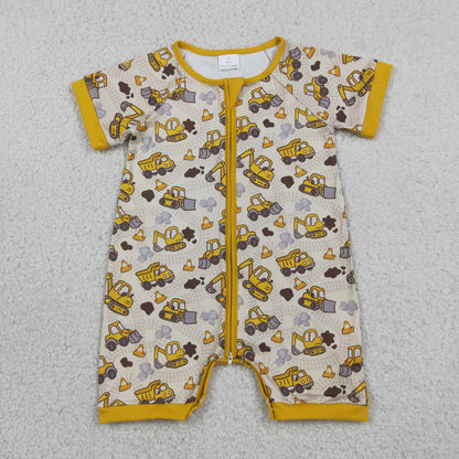 Baby Boys Infant Short Sleeves Excavator Yellow Zipper Romper Clothes