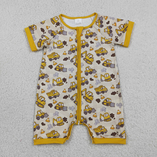 Baby Boys Infant Short Sleeves Excavator Yellow Zipper Romper Clothes