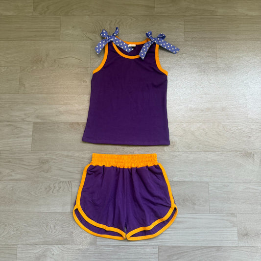 No moq Preorder Baby Girls Kids Dogs Bows Shirt Shorts Purple Set Summer Clothes