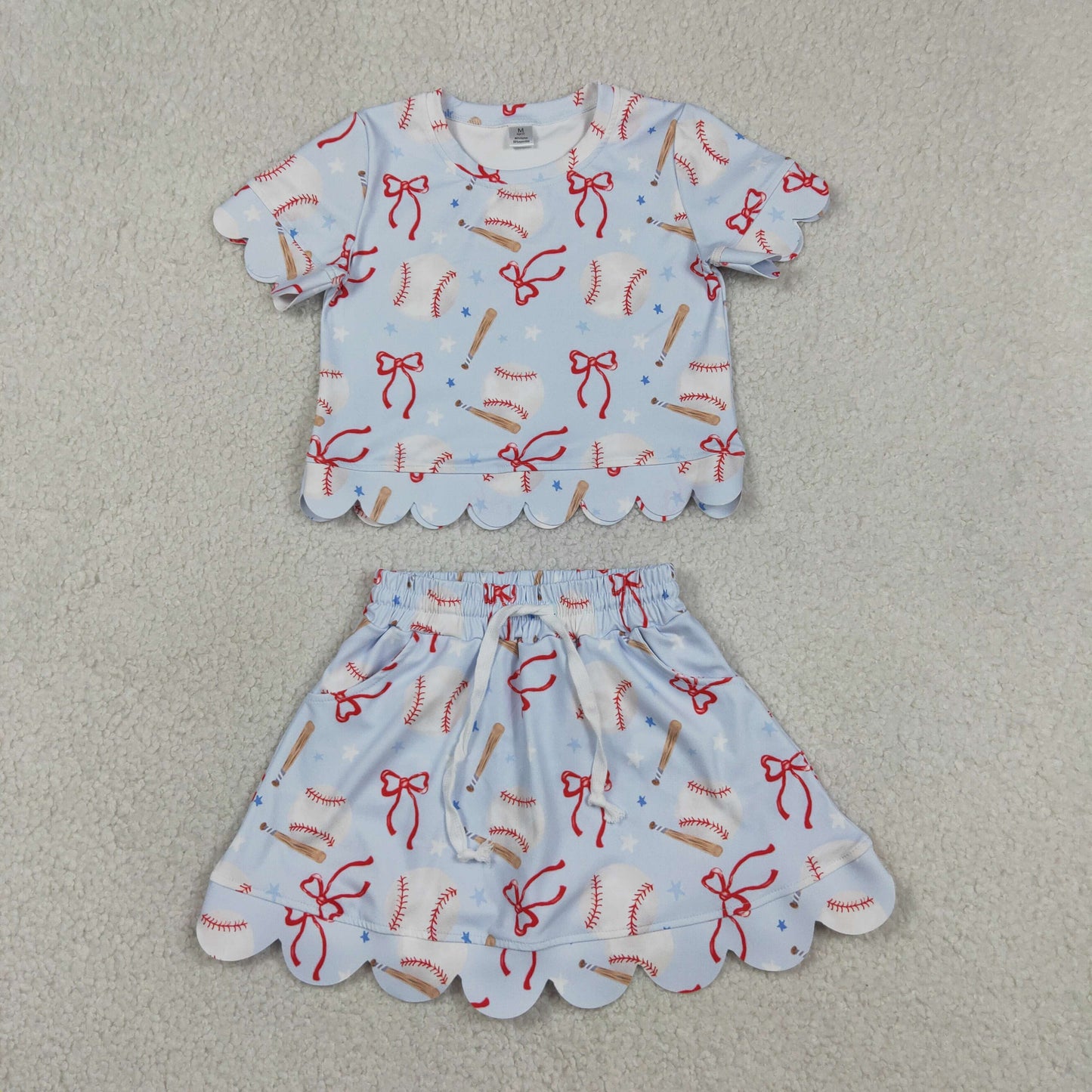 Baby Girls Short Sleeves Baseball Bows Shirt Shorts Skirt Yoga Active Blue Clothes Set